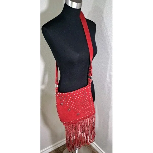 Red Suede Fringe Crossbody Bag Studded Western Boho Star Concho Messenger Purse - Picture 2 of 9